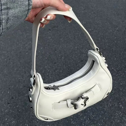 Casual Cute White, Vintage Korean, Star Shoulder Underarm, Ladies Tote Bag, Leather Zip Sling Handbag, Purses Women