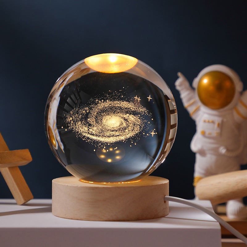 Creative Desktop Decoration, Crystal Ball with Inner Carving, Glowing Night Light, Wooden Base, Holiday Gift