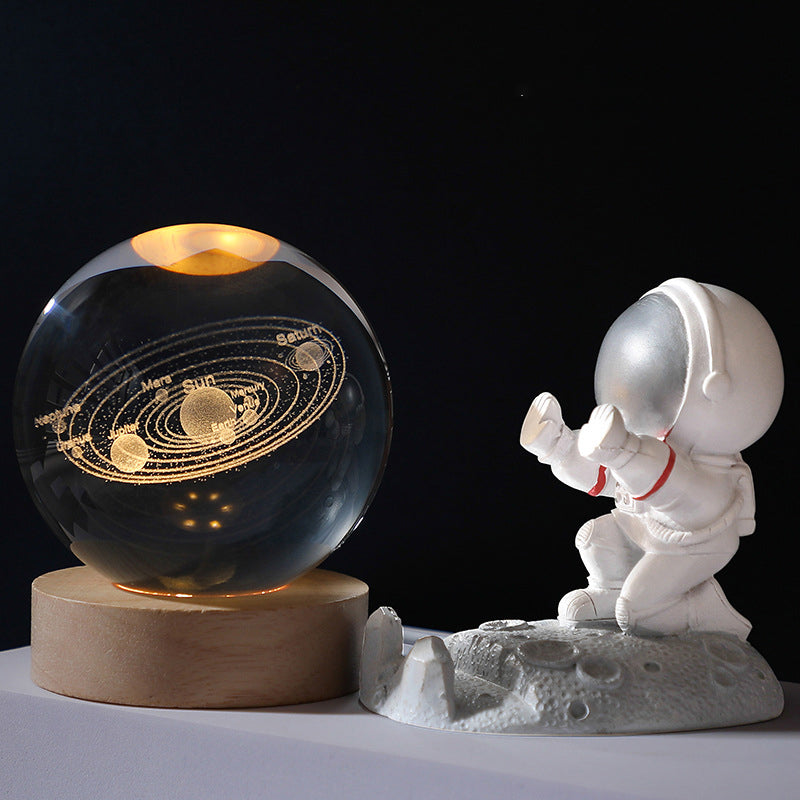 Creative Desktop Decoration, Crystal Ball with Inner Carving, Glowing Night Light, Wooden Base, Holiday Gift
