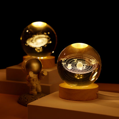 Creative Desktop Decoration, Crystal Ball with Inner Carving, Glowing Night Light, Wooden Base, Holiday Gift