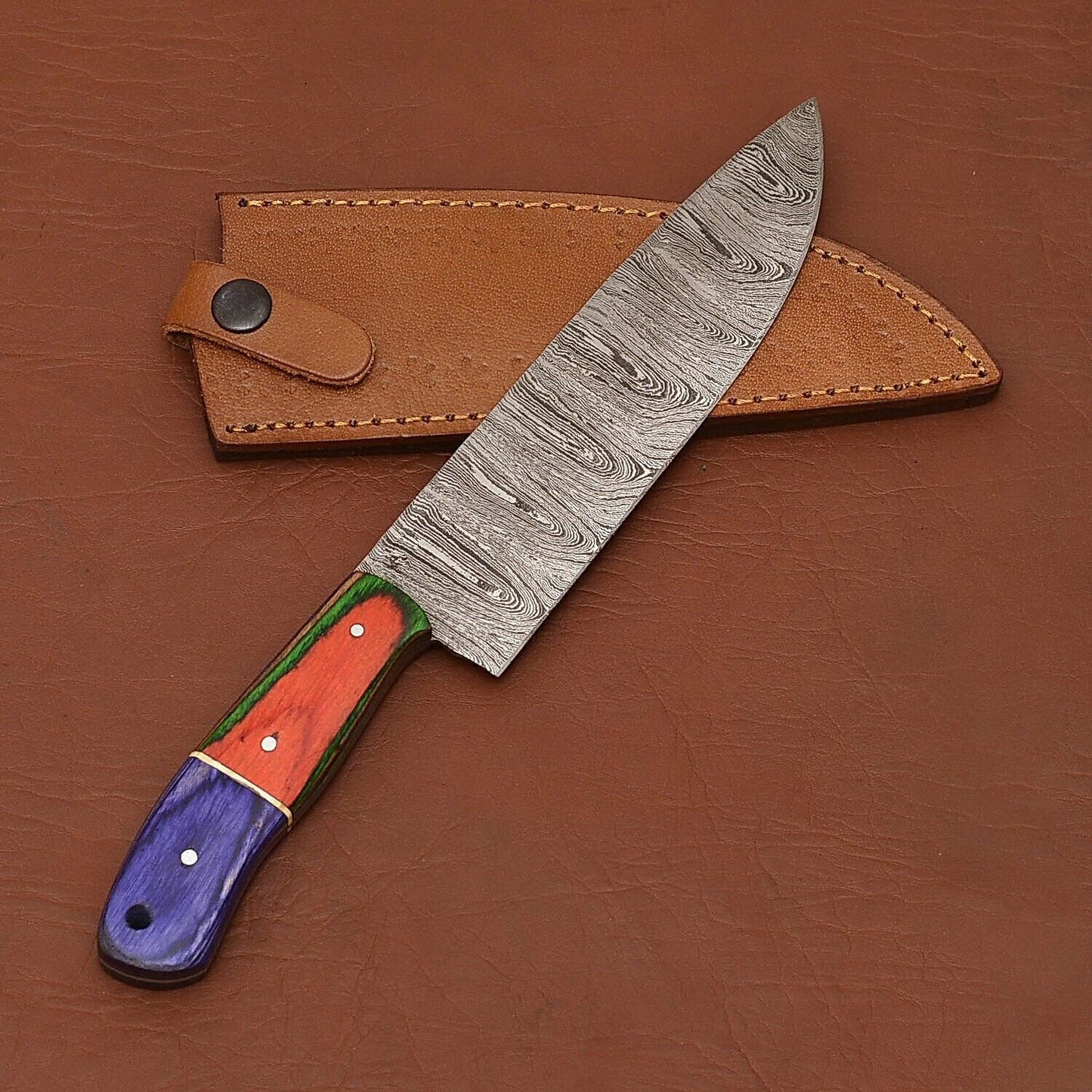 Handmade Damascus Steel Chef Fillet Knife With Pakka Wood Handle  Leather Sheath  Perfect For Kitch 1