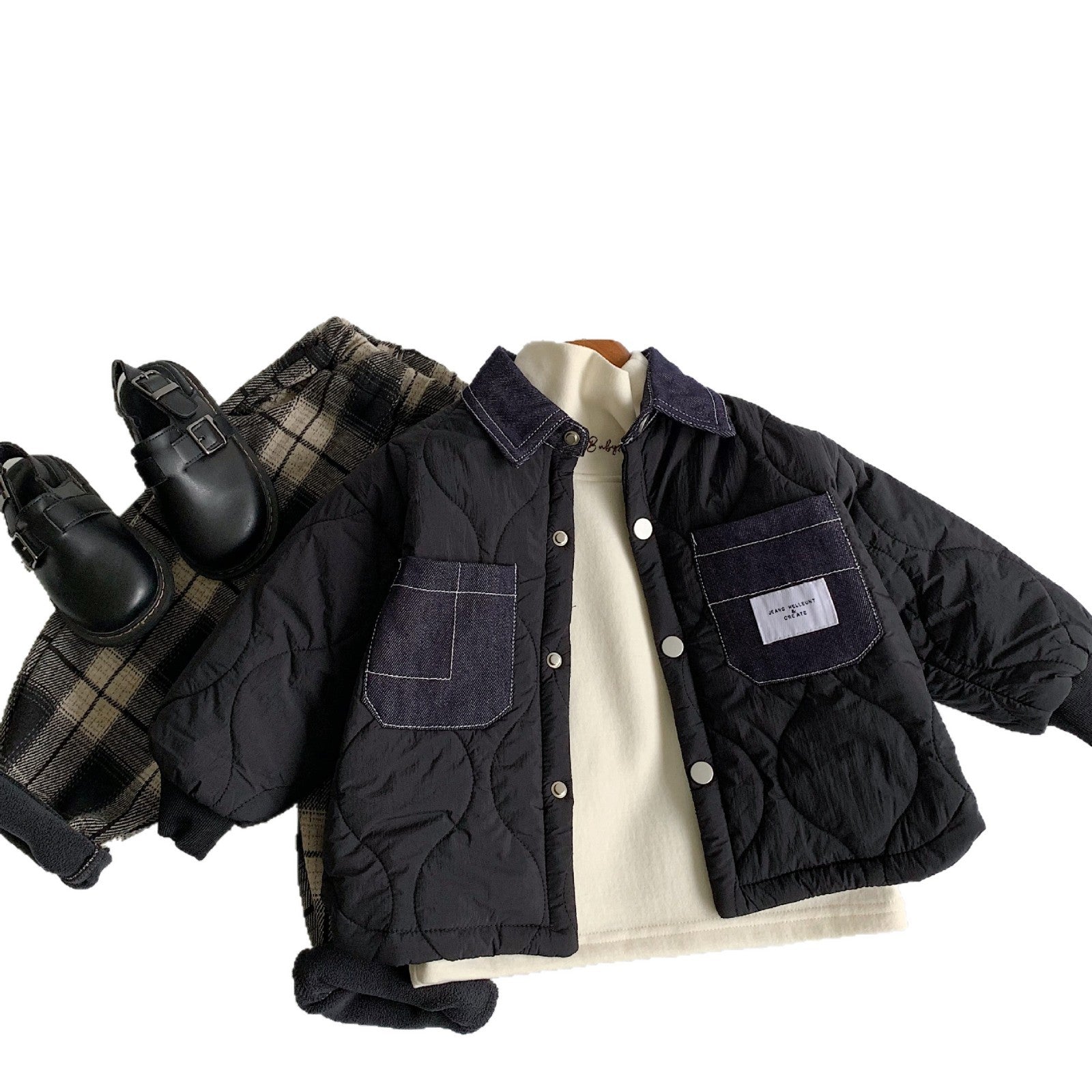 Winter Kids Jacket Boys Denim Patchwork Korean Style Casual CottonPadded Children Clothes Thickened 3