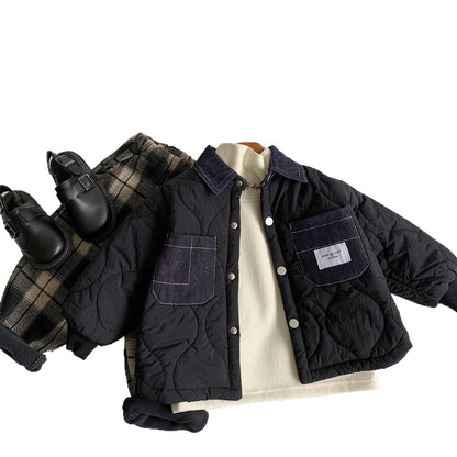 Winter Kids Jacket Boys Denim Patchwork Korean Style Casual CottonPadded Children Clothes Thickened 3