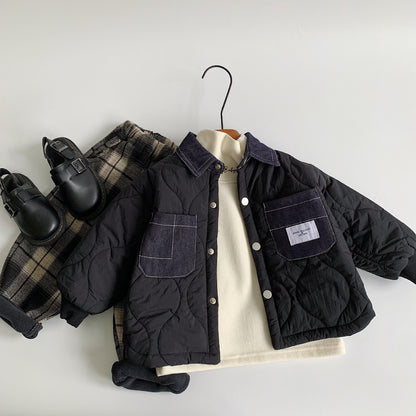 Winter Kids Jacket Boys Denim Patchwork Korean Style Casual CottonPadded Children Clothes Thickened 4