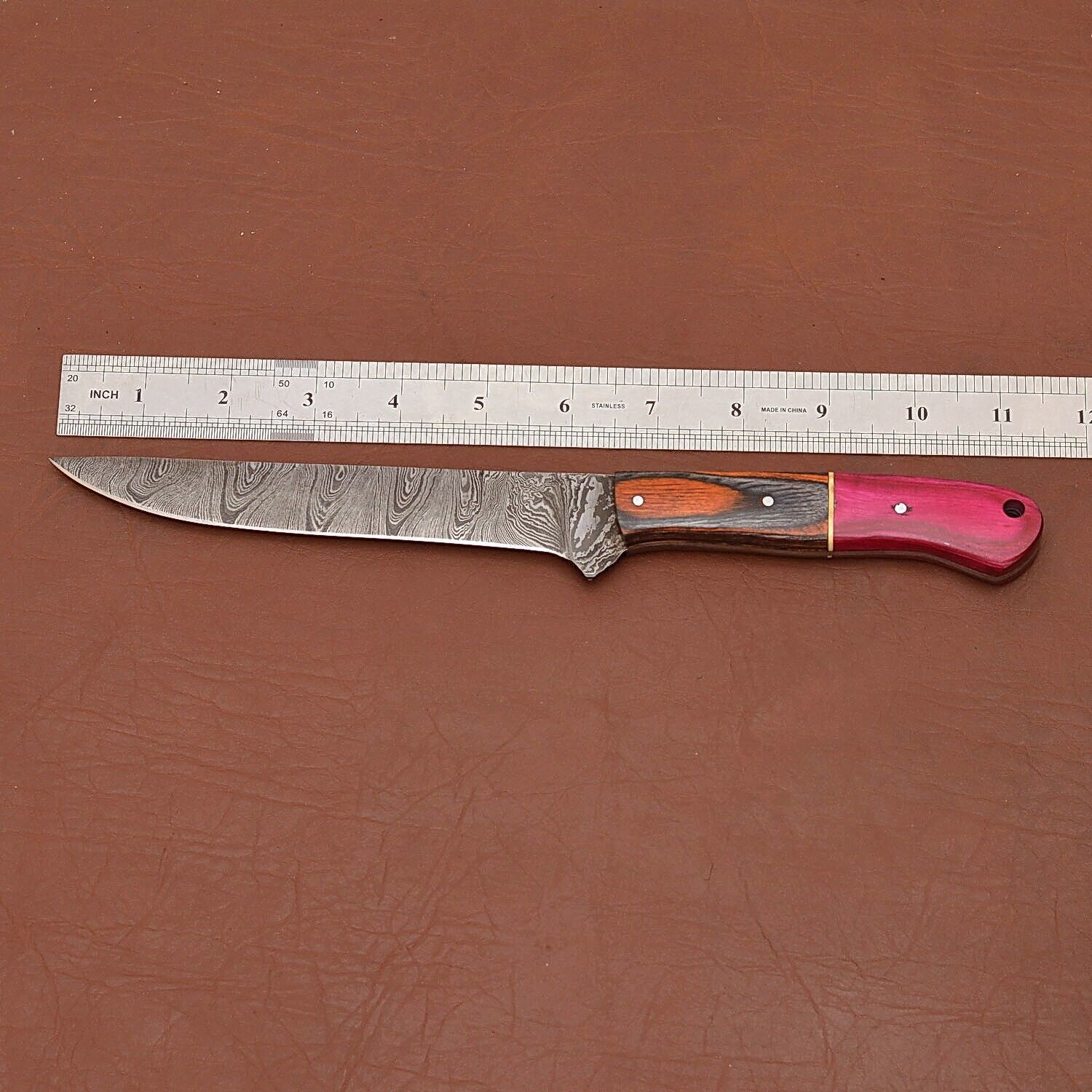 Custom Damascus Steel Fillet Knife  12 Handmade Chef Knife With Wooden Handle And Leather Cover 1