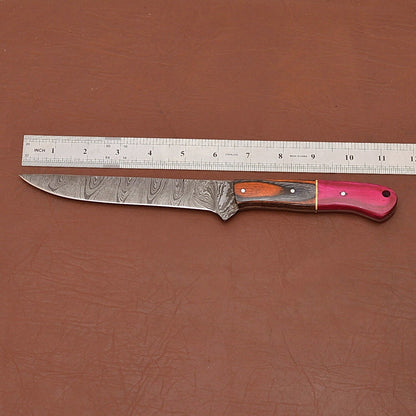Custom Damascus Steel Fillet Knife  12 Handmade Chef Knife With Wooden Handle And Leather Cover 1