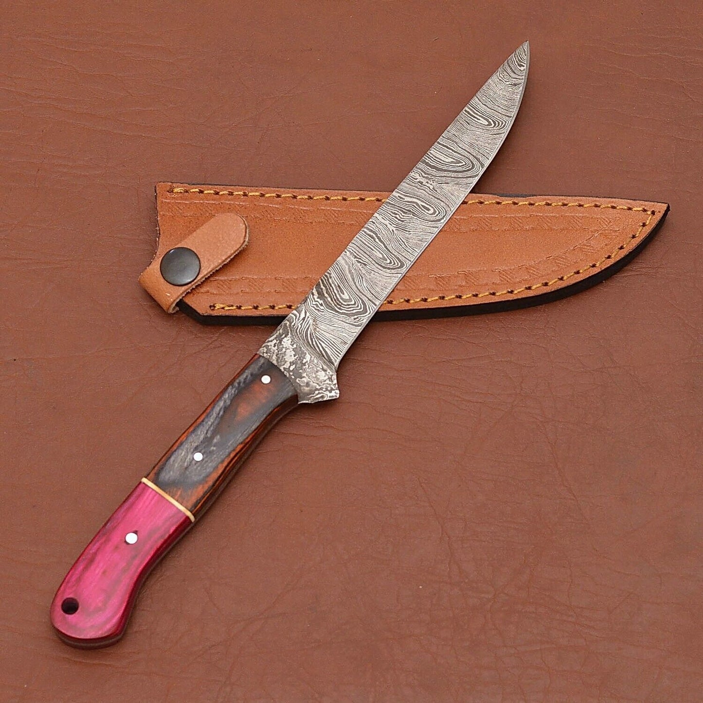 Custom Damascus Steel Fillet Knife  12 Handmade Chef Knife With Wooden Handle And Leather Cover 3