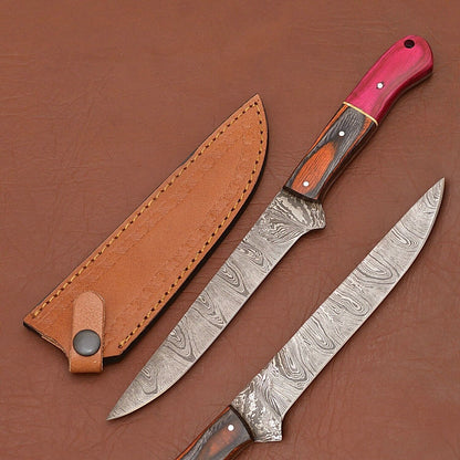 Custom Damascus Steel Fillet Knife – 12" Handmade Chef Knife with Wooden Handle and Leather Cover