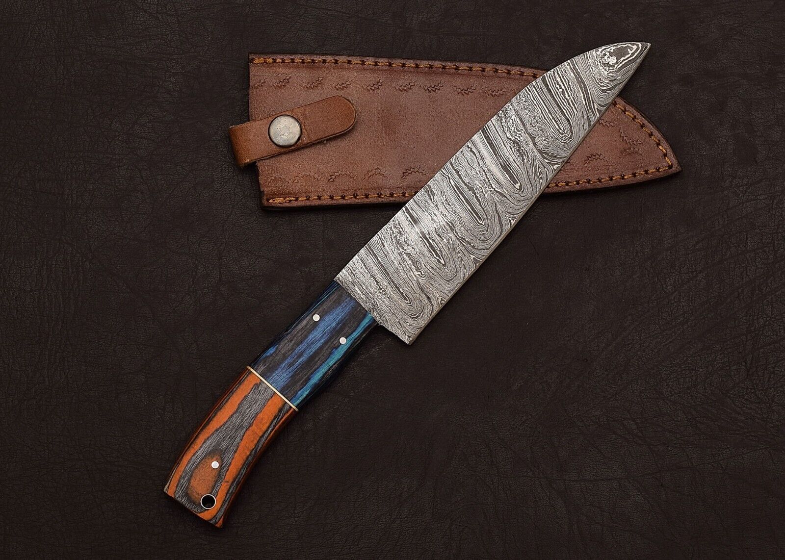 HandForged Damascus Steel Fillet Knife  12 Custom Chef Knife With Leather Sheath  Wooden Handle 1