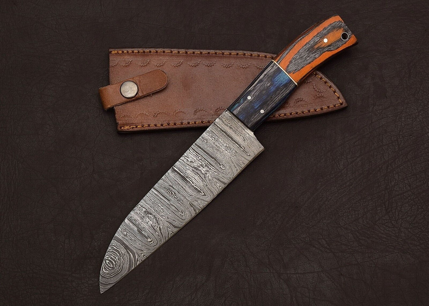 HandForged Damascus Steel Fillet Knife  12 Custom Chef Knife With Leather Sheath  Wooden Handle 2