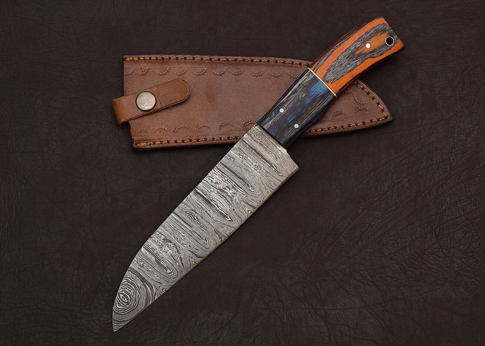 HandForged Damascus Steel Fillet Knife  12 Custom Chef Knife With Leather Sheath  Wooden Handle 2
