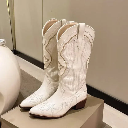 Embroidered Vintage Square Head Thick Heel Cowboy Boot For Women Stylish Autumn Western Cowboy Boot 6