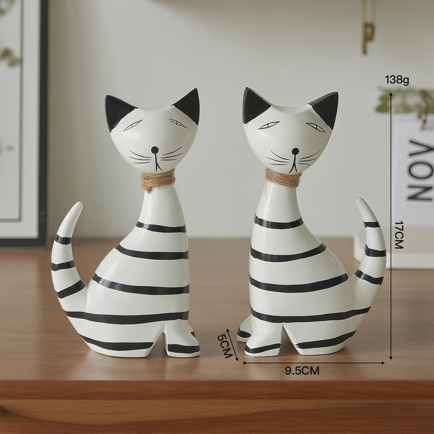 Striped Kitten Couple Ornament, Nordic Wooden Cat Decor, Minimalist Desktop Decoration, Cute Cat Figurine