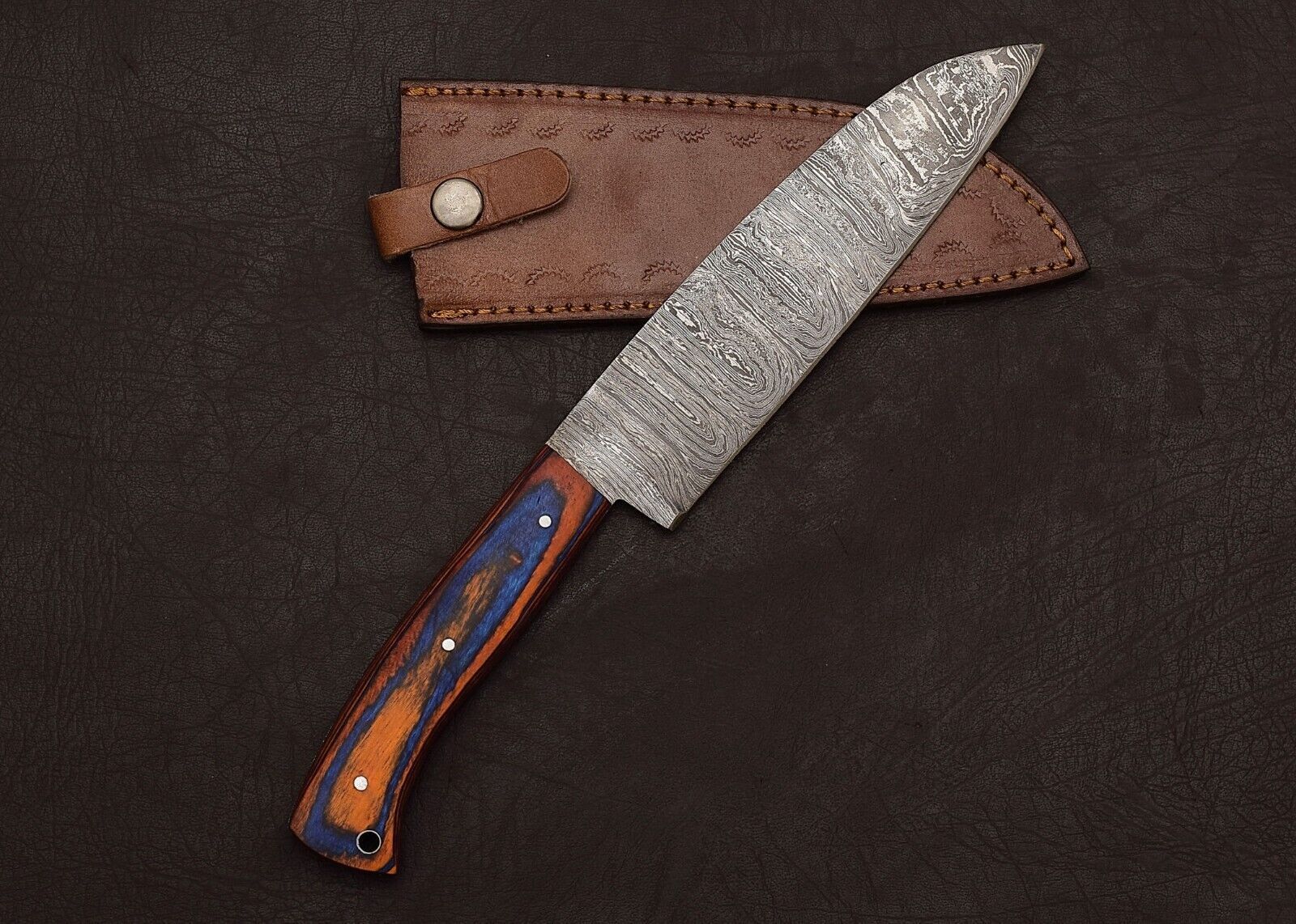 Damascus Steel Fillet Knife  Custom Handmade Chef Knife With Leather Sheath 1