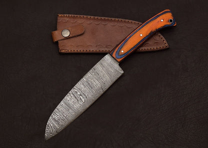 Damascus Steel Fillet Knife  Custom Handmade Chef Knife With Leather Sheath 2