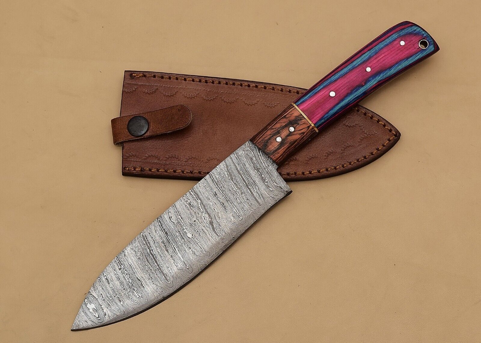 Exclusive Handmade Damascus Steel Chef Fillet Knife With Pakka Wood Handle  Leather Sheath 2