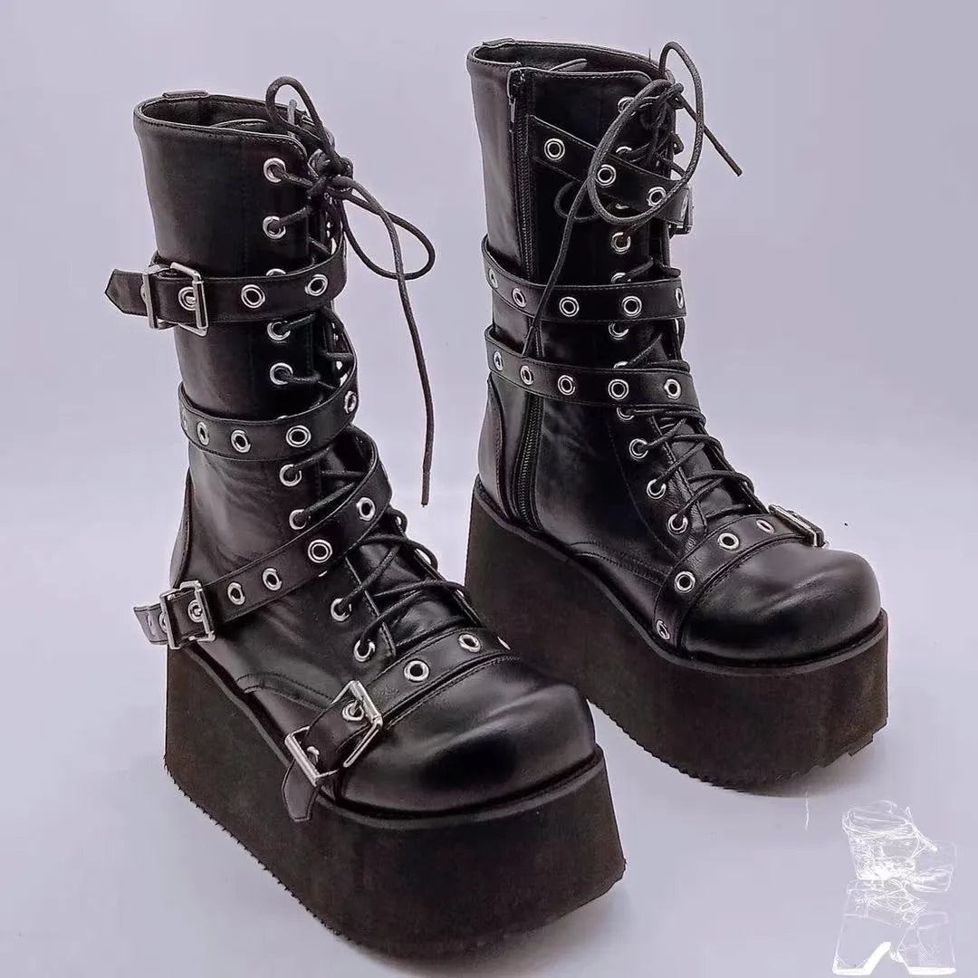 Trendy Autumn Women Boots, Buckle Wedges Platform Combat Boots, Punk Goth Street Style Round Toe Boots