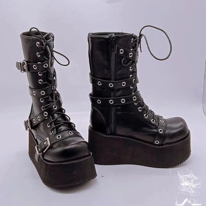 Trendy Autumn Women Boots Buckle Wedges Platform Combat Boots Punk Goth Street Style Round Toe Boot 4