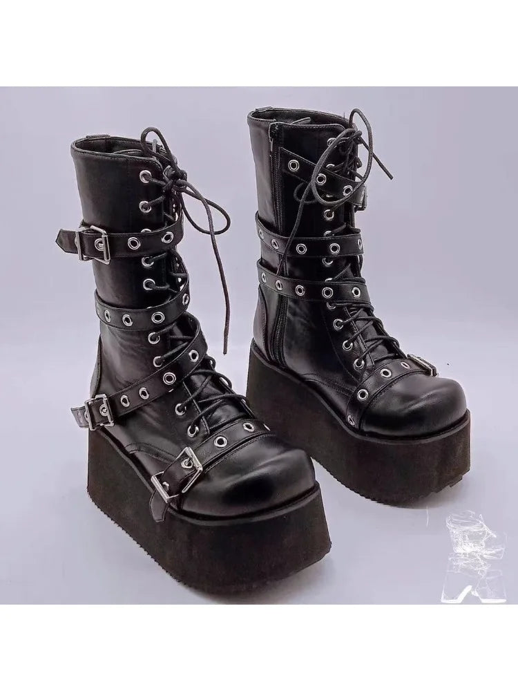 Trendy Autumn Women Boots Buckle Wedges Platform Combat Boots Punk Goth Street Style Round Toe Boot 5