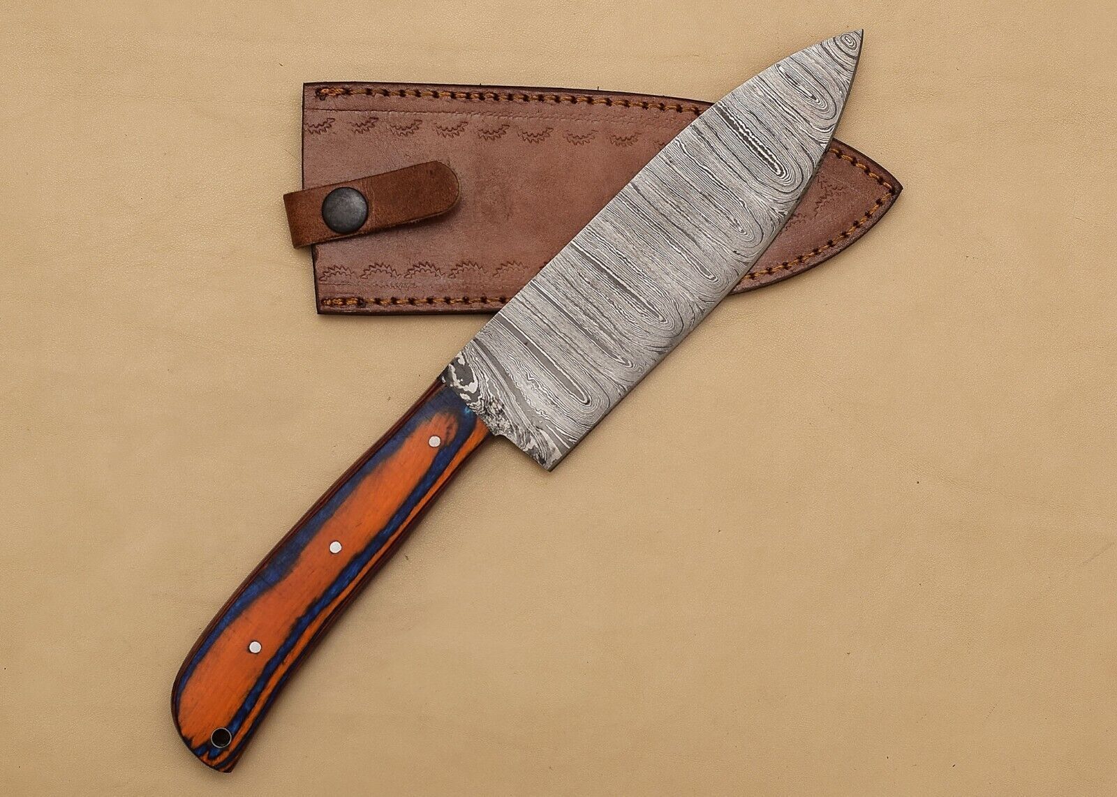Custom Damascus Steel Kitchen Fillet Knife  HandForged Chef Knife With Leather Sheath 1