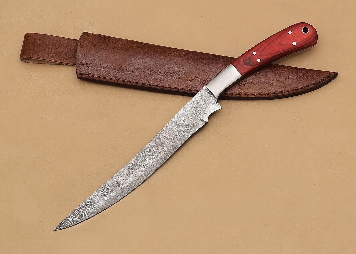 Beautiful Handmade Damascus Steel Chef Knife – Wooden Handle, 12 Inch Overall Length