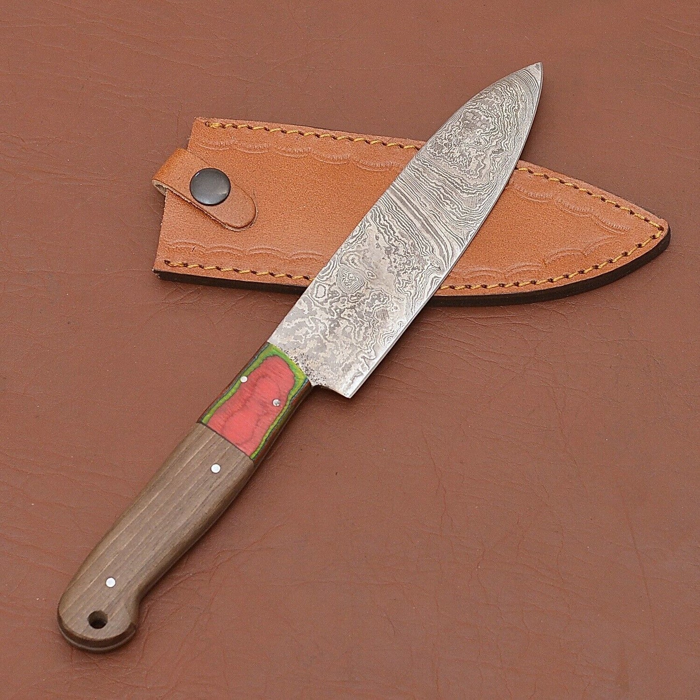 HandForged Damascus Chef Fillet Knife  Exquisite Wood Handle  Leather Case Included 3