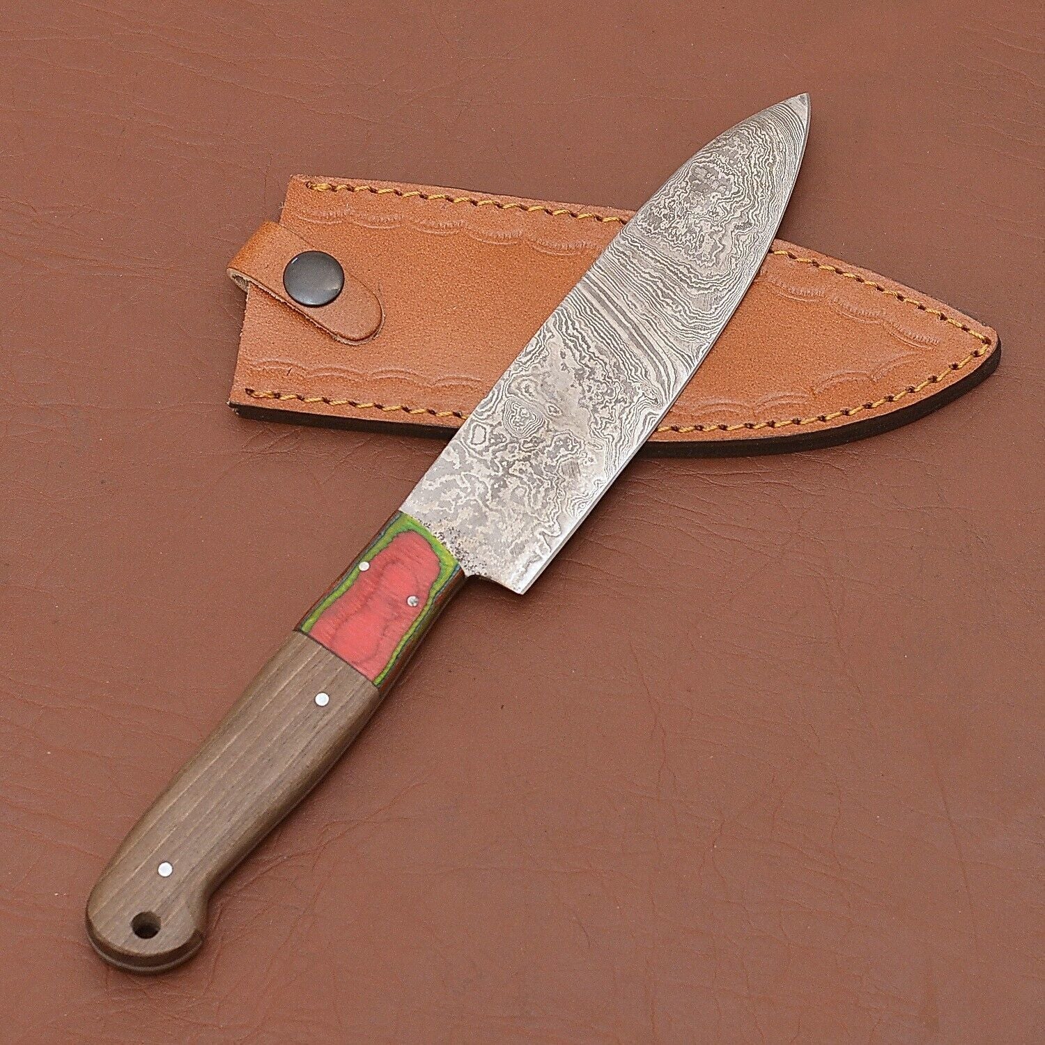 HandForged Damascus Chef Fillet Knife  Exquisite Wood Handle  Leather Case Included 3