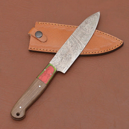 HandForged Damascus Chef Fillet Knife  Exquisite Wood Handle  Leather Case Included 3