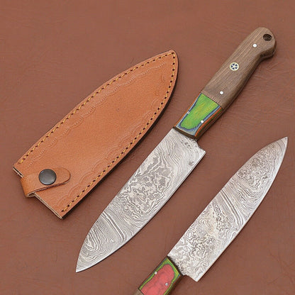 Hand-Forged Damascus Chef Fillet Knife – Exquisite Wood Handle & Leather Case Included