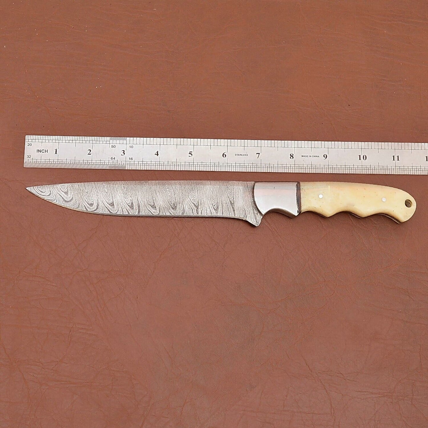 Custom Handmade Damascus Steel Chef Fillet Knife With Camel Bone Handle And Leather Sheath 3