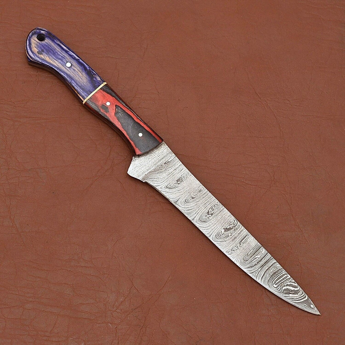 HandForged Damascus Steel Fillet Knife With Pakka Wood Handle  Leather Sheath 1