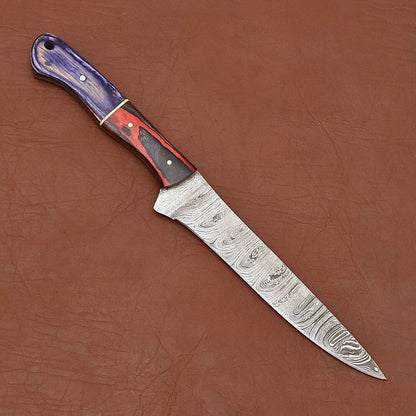 HandForged Damascus Steel Fillet Knife With Pakka Wood Handle  Leather Sheath 1