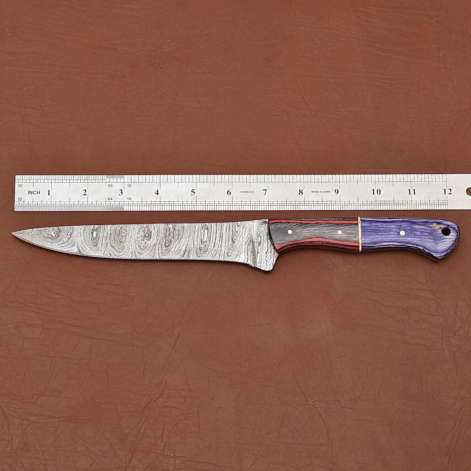 HandForged Damascus Steel Fillet Knife With Pakka Wood Handle  Leather Sheath 2