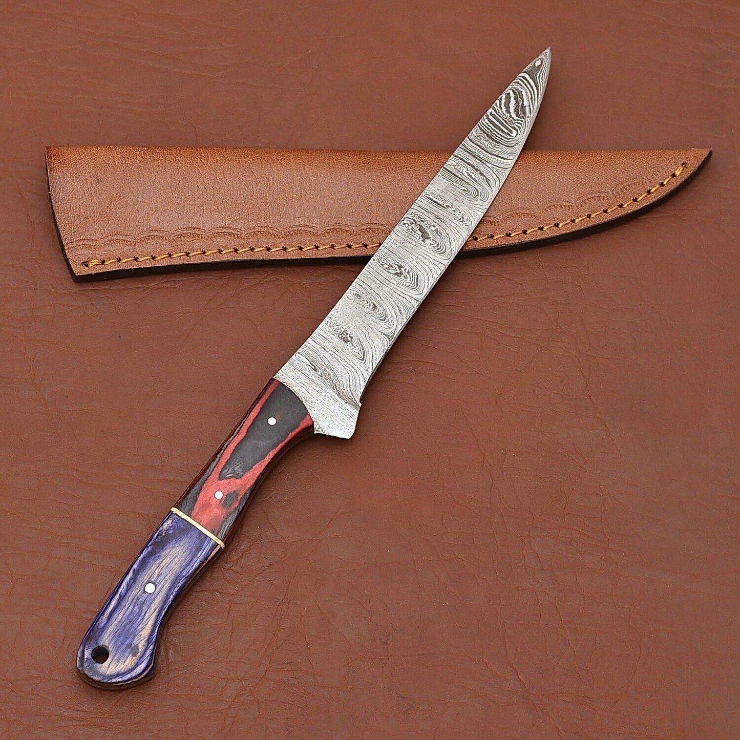 HandForged Damascus Steel Fillet Knife With Pakka Wood Handle  Leather Sheath 3