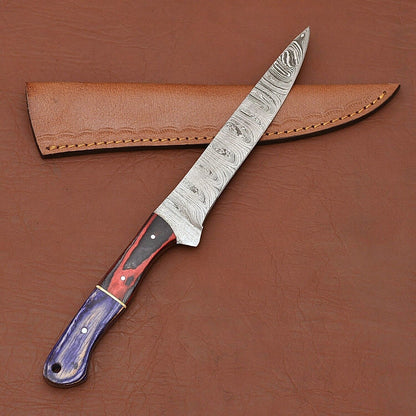 HandForged Damascus Steel Fillet Knife With Pakka Wood Handle  Leather Sheath 3