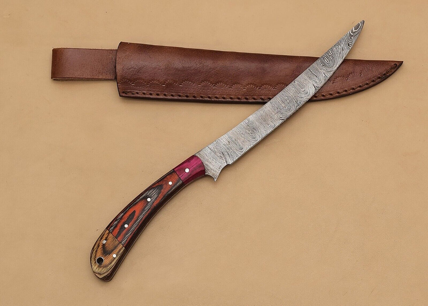 Custom Damascus Steel Fillet Knife  12 Chef Knife With Elegant Pakka Wood Grip 1