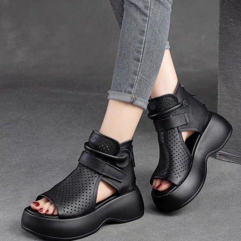 Retro Sandals Boots Hollow For Women Thick Sole Breathable Hole Shoes Fish Mouth Design Summer Hook 1