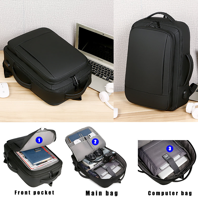 Business Casual Men's Expandable Travel Backpack, Waterproof Fabric, USB Charging, Ideal for Work and Daily Commute