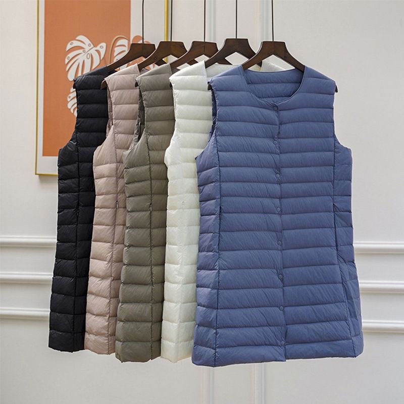 Women's Mid Length Down Vest, All Match Fashion Slim Fit, Round Neck V Neck Design, Autumn Winter Wear