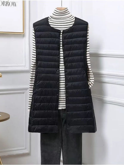 Women's Mid Length Down Vest, All Match Fashion Slim Fit, Round Neck V Neck Design, Autumn Winter Wear