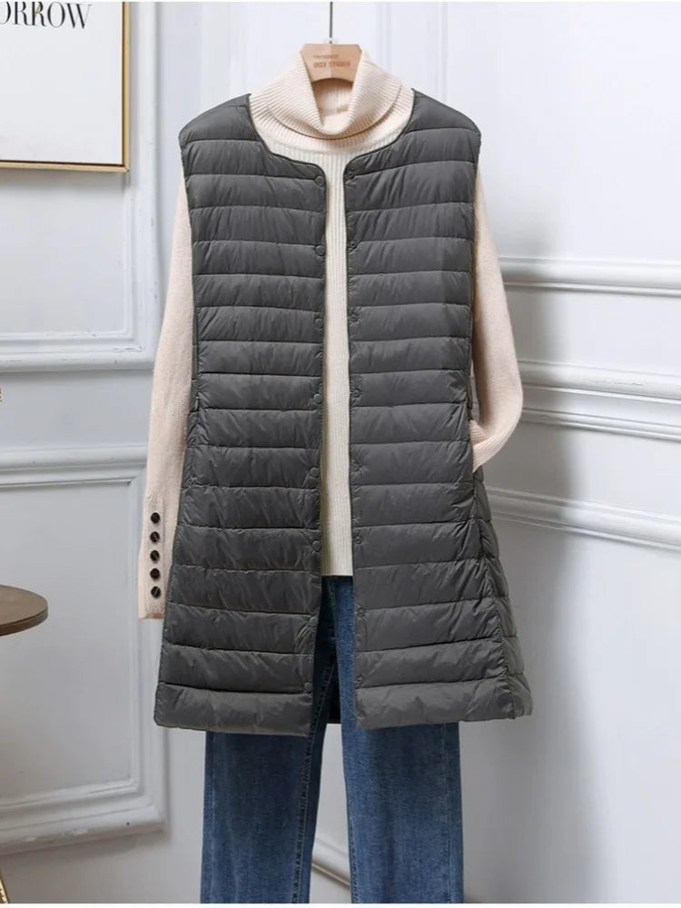 Women's Mid Length Down Vest, All Match Fashion Slim Fit, Round Neck V Neck Design, Autumn Winter Wear