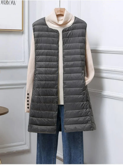 Women's Mid Length Down Vest, All Match Fashion Slim Fit, Round Neck V Neck Design, Autumn Winter Wear
