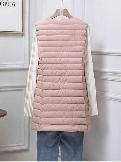 Women's Mid Length Down Vest, All Match Fashion Slim Fit, Round Neck V Neck Design, Autumn Winter Wear