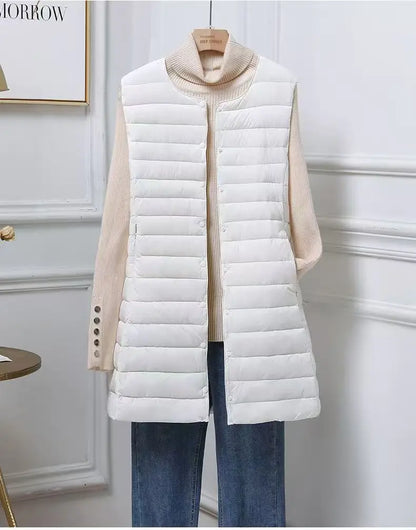 Women's Mid Length Down Vest, All Match Fashion Slim Fit, Round Neck V Neck Design, Autumn Winter Wear