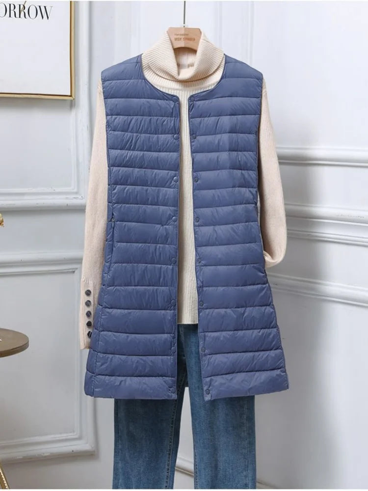 Women's Mid Length Down Vest, All Match Fashion Slim Fit, Round Neck V Neck Design, Autumn Winter Wear