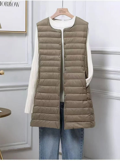Women's Mid Length Down Vest, All Match Fashion Slim Fit, Round Neck V Neck Design, Autumn Winter Wear