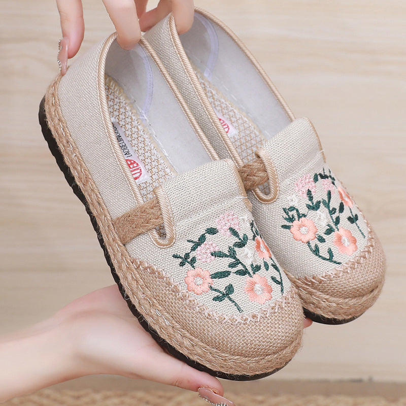 Summer Breathable Embroidered Womens Casual Canvas Shoes, Comfortable Flat Shoes for Daily Walking