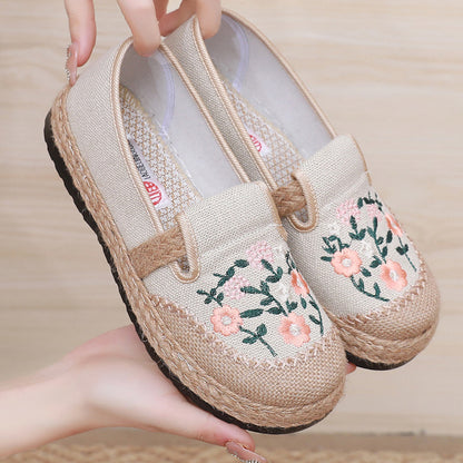 Summer Breathable Embroidered Womens Casual Canvas Shoes, Comfortable Flat Shoes for Daily Walking