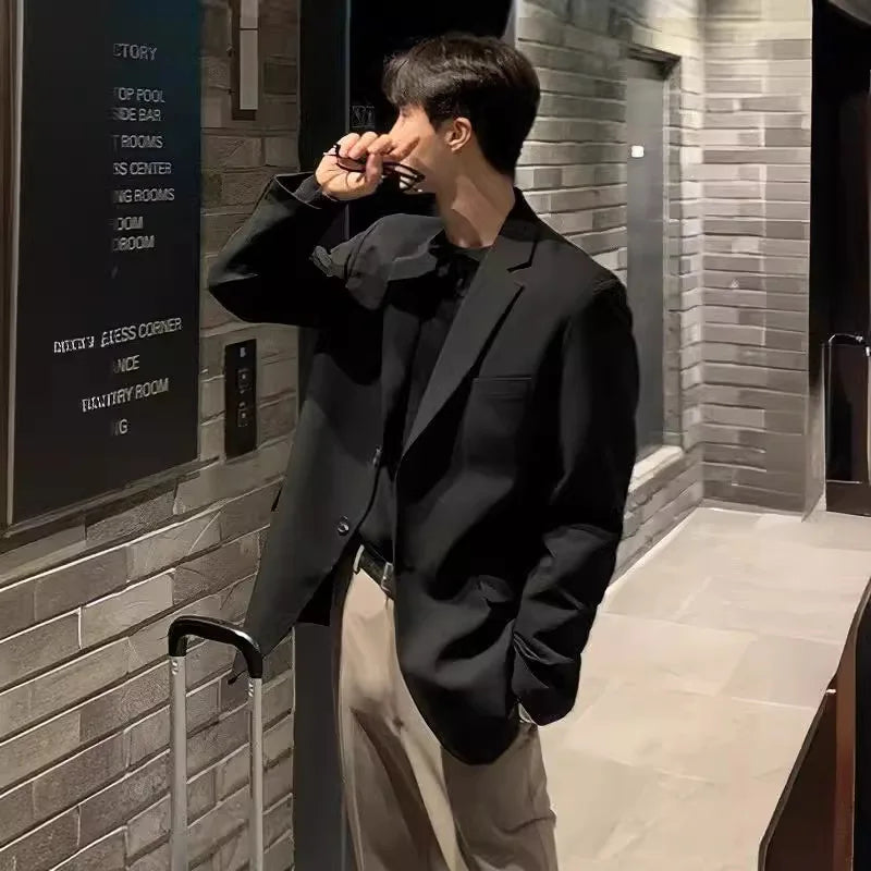 Men's Casual Blazer, Western Style Loose Fit Jacket, Autumn Trendy Single Breasted Black Coat, Dongdaemun Style Clothes