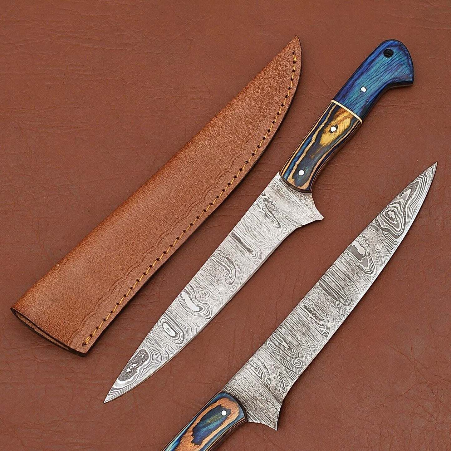 Professional Damascus Fillet Knife – 12" Handmade Chef Knife with Leather Cover
